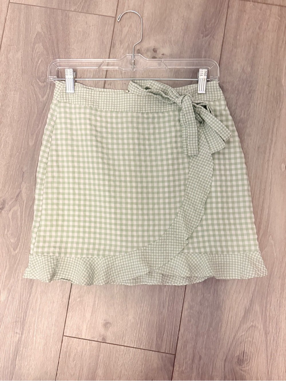 Altar'd State Sage Gingham Wrap Mini Skirt with Ruffle Tie